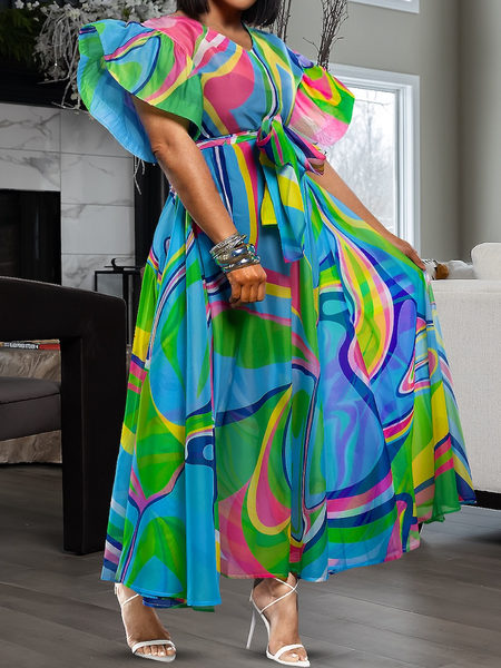 

Regular Fit V Neck Short Sleeve Elegant Random Print Dress With Belt, As picture, Maxi Dresses