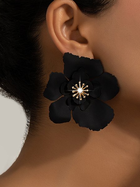 

1pair Elegant Flower Rhinestone Stud Earrings, Black, Earrings