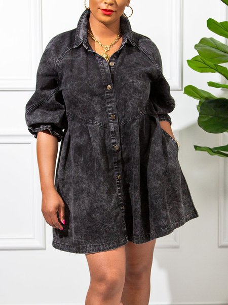 

Shirt Collar Urban Denim Dress With No Belt, Black, Mini Dresses