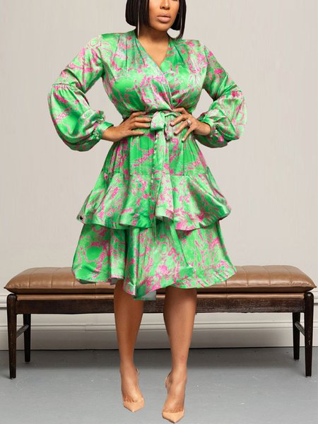 

Loose Elegant Abstract Cross Neck Midi Dress With Belt, Green, Midi Dresses