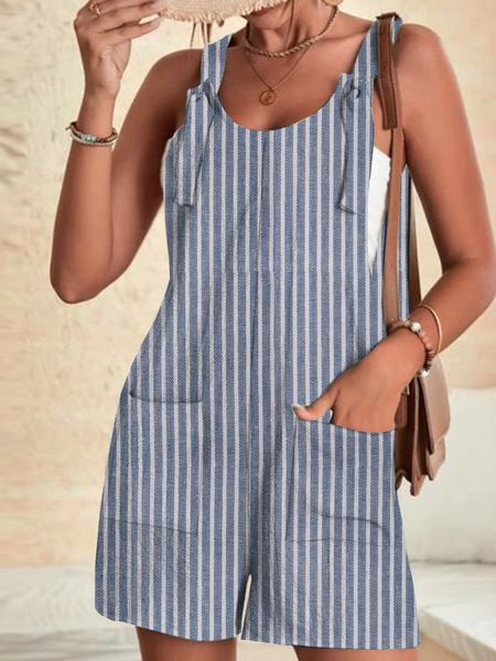 Women Sleeveless Loose Shorts Daily Casual Striped Natural Overall Bib Pants, Blue, Jumpsuits&Rompers