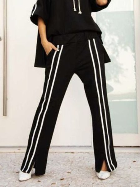

Loose Color Block Casual Pants, Black-white, Pants
