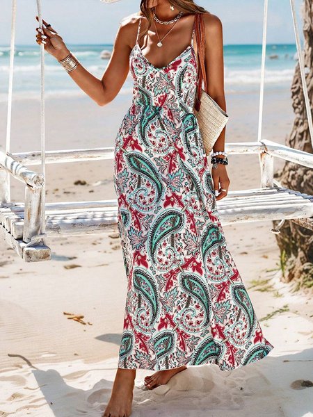 

Women Ethnic Spaghetti Gallus Comfy Vacation Maxi Dress, Multicolor, Dresses