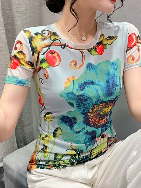 

Short Sleeve Crew Neck Casual T-Shirt, As picture, Tees