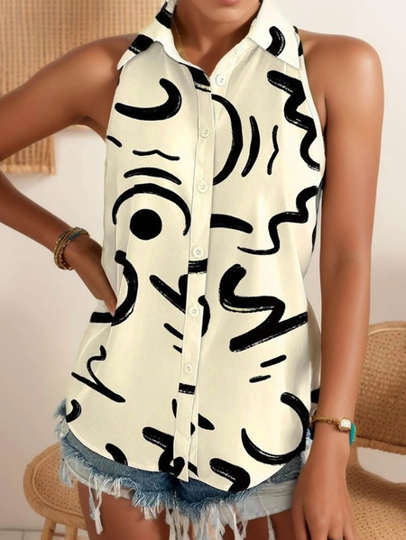 

Shirt Collar Simple Color Block Blouse, Off white, Shirts & Blouses
