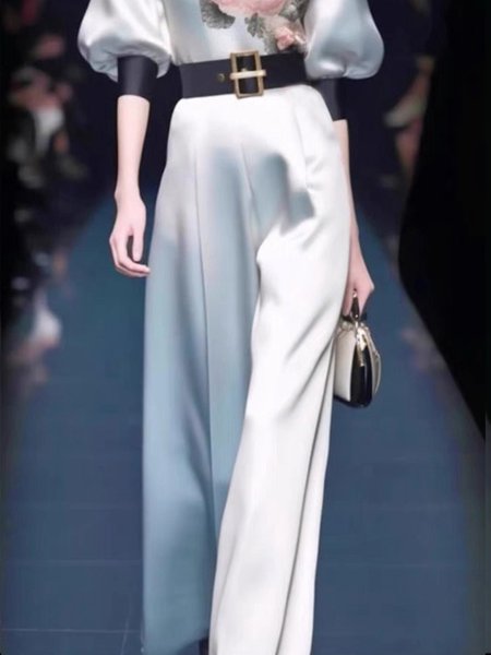 

Urban High Waist Plain Fashion Wide leg Pants, White, Pants