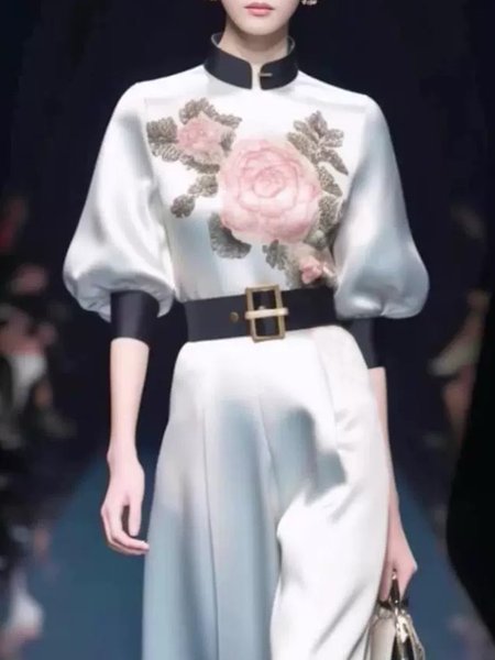 

Elegant Floral Half Sleeve Stand Collar Shirt, White, Blouses and Shirts