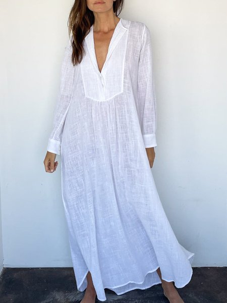 

Linen Plain Casual V Neck Pockets Loose Dress, White, Maxi Dresses