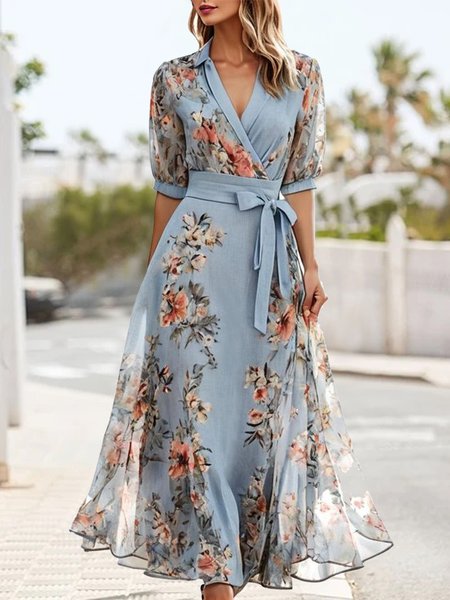 

Elegant V Neck Puff Sleeve Dress, Blue, Dresses