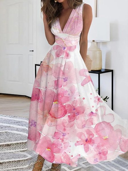 

Floral Knitted Elegant V Neck Dress, Pink, Dresses