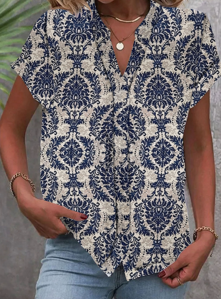 

Shirt Collar Short Sleeve Ethnic Regular Loose Shirt For Women, Blue, Blouses