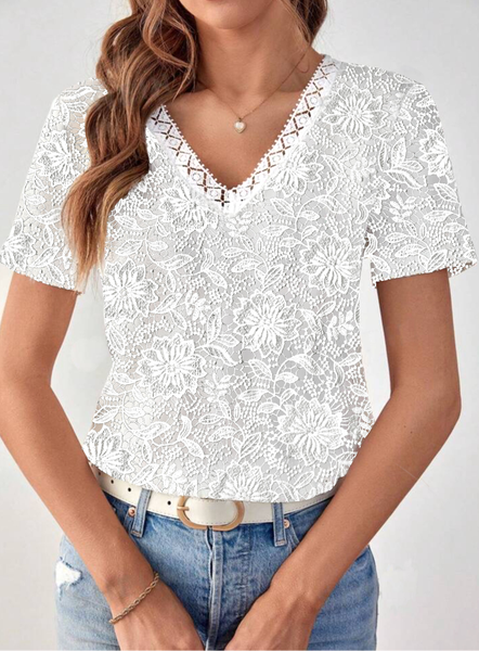 

Short Sleeve Plain Lace Regular Loose Shirt For Women, White, Blouses