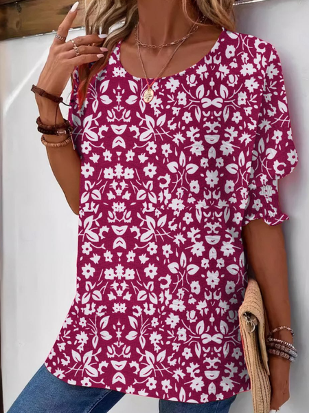 

Crew Neck Half Sleeve Disty Floral Regular Loose Shirt For Women, Rose red, Blouses