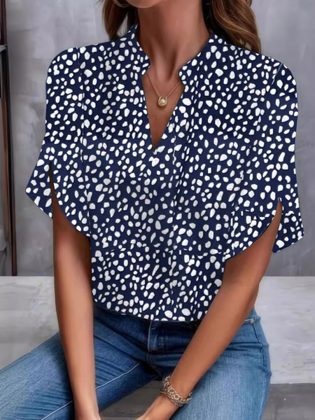 

V Neck Short Sleeve Polka Dots Regular Loose Shirt For Women, Blue, Blouses