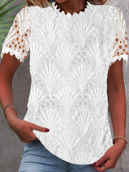 

Crew Neck Short Sleeve Plain Lace Regular Loose Shirt For Women, White, Blouses