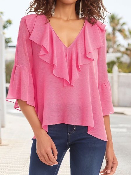 

Flouncing Ruffled Sleeves Casual Loose V Neck Shirt, Rose red, Shirts & Blouses