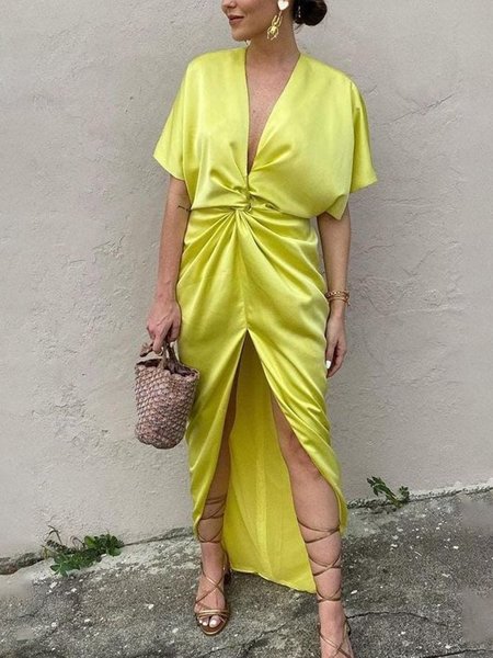 

Midi V Neck Regular Fit Plain Elegant Dress, Yellow, Midi Dresses