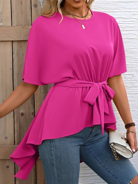 

Crew Neck Short Sleeve Plain Regular Loose Shirt For Women, Rose red, Blouses