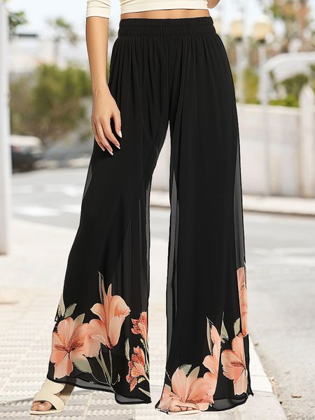 

Loose Floral Chiffon Casual Pants, Black, Pants