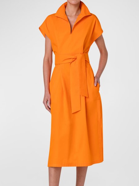 

Women's Cap Sleeve Summer Plain Ruched Cotton Dress Stand Collar Date Going Out Urban Midi H-Line Orange, Formal Dresses