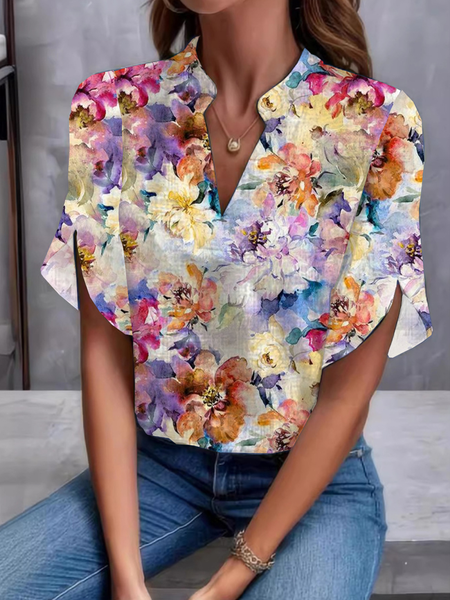 

V Neck Short Sleeve Floral Regular Loose Shirt For Women, Flower, Blouses
