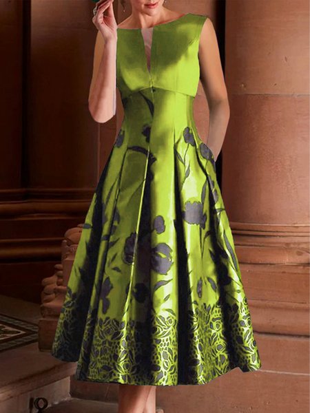 

Notched Regular Fit Elegant Floral Sleeveless Midi Dress, Green, Midi Dresses