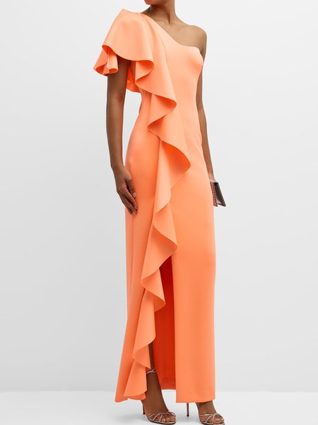 

Women's Sleeveless Summer Plain Ruched Dress One Shoulder Date Going Out Urban Maxi X-Line, Orange, Dresses