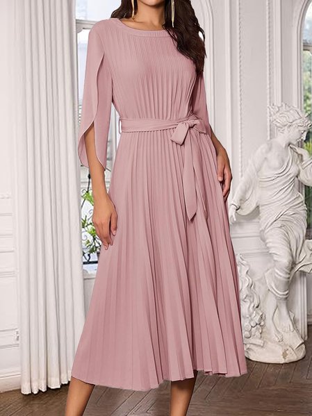 

Plain Crew Neck Elegant Regular Fit Dress With Belt, Pink, Dresses