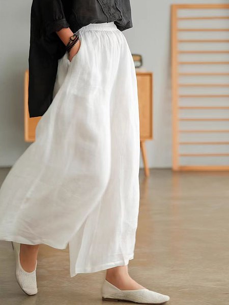 

Cotton And Linen Casual Plain Pants, White, Pants