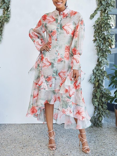 

Vacation Loose Stand Collar Floral Long Sleeve Midi Dress, As picture, Midi Dresses