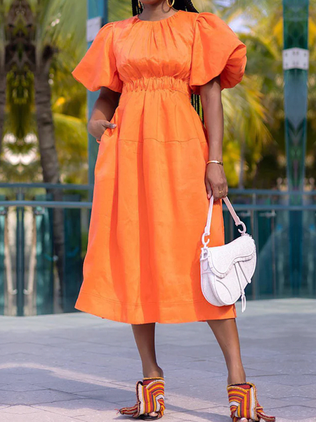 

Regular Fit Elegant Pocket Stitching Crew Neck Short Sleeve Midi Dress, Orange, Midi Dresses