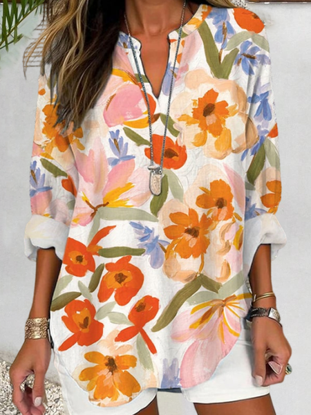 

Notched Long Sleeve Floral Regular Loose Shirt For Women, White, Shirts