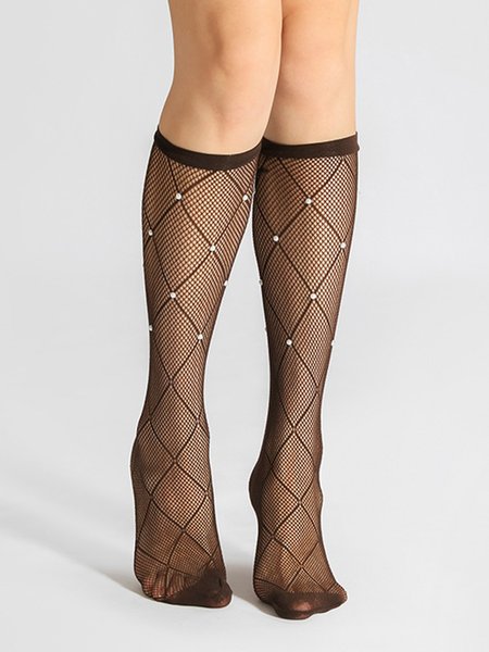 

1pair Breathable Rhinestone Geometric Fishnet Socks, Coffee, Socks