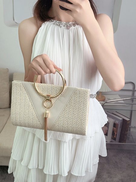 

Elegant Metal Handle Ring Handbag Woven Evening Clutch Bag with Tassel Pendant, Off white, Bags