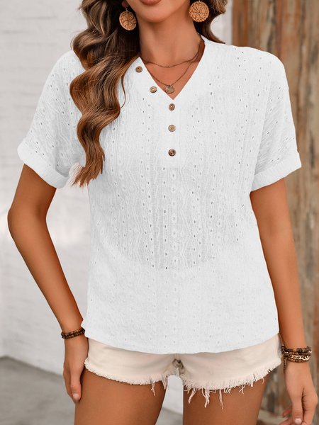 

V Neck Short Sleeve Plain Buckle Regular Loose Shirt For Women, White, Blouses