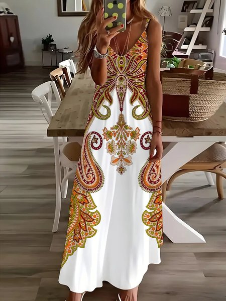 

Women's Gallus Summer Ethnic Dress Spaghetti Daily Going Out Vacation Maxi A-Line Slip Dress, Orange, Dresses
