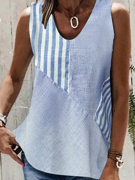 

Casual Crew Neck Striped Tank Top, Blue, Blouses