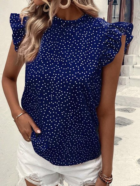 

Stand Collar Cap Sleeve Polka Dots Regular Loose Shirt For Women, Deep blue, Tanks & Camis
