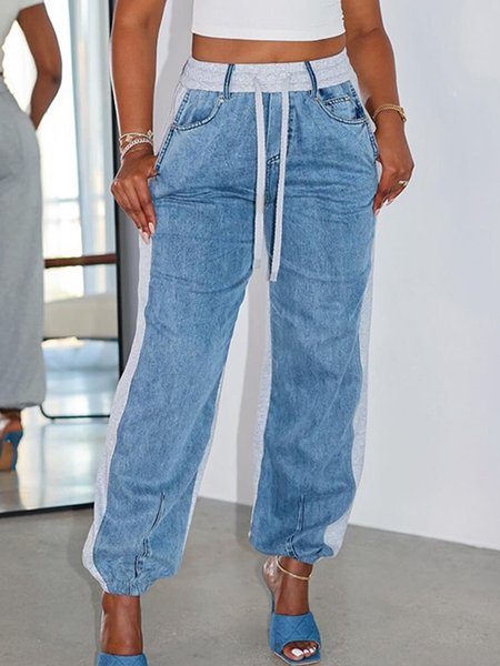 

Casual Color Block Faux Denim Print Fashion Pants, As picture, Pants