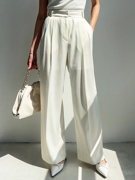 

Plain Urban High Waist Fashion Wide leg Pants, White, Pants