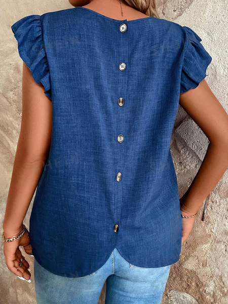

Crew Neck Short Sleeve Plain Regular Loose Shirt For Women, Blue, Blouses