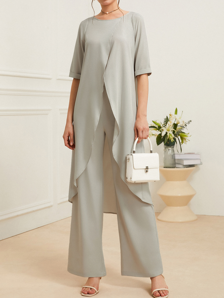 

Crew Neck Casual Loose Two-Piece Set, Off white, Suit Set