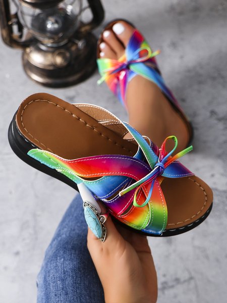 

Casual Bowknot Hollow out Comfy Wedge Heel Slide Sandals, Multicolor, Sandals & Slippers