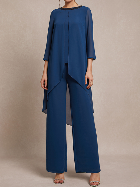 

Loose Chiffon Plain Elegant Two-Piece Set, Blue, Suit Set