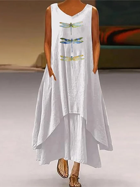 

Simple V Neck Loose Cotton Dress, White, Maxi Dresses