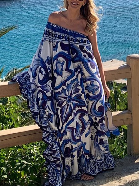 

One Shoulder Floral Vacation Long Dress, Blue, Maxi Dresses
