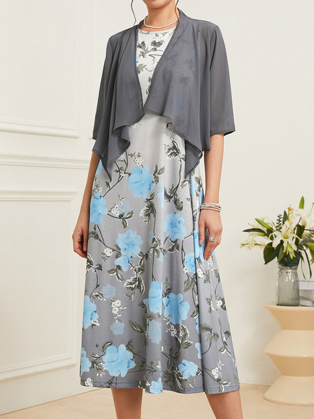 

Casual Loose Floral Pattern Crew Neck Two-Piece Set, Gray, Suit Set