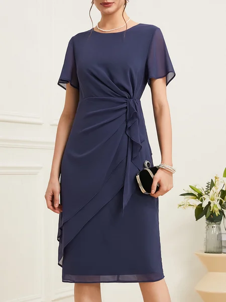 Elegant Crew Neck Plain Chiffon Dress