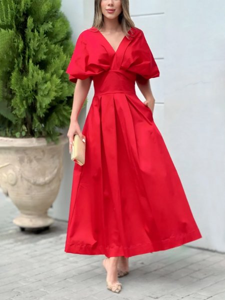 

Plain Cross Neck Elegant Regular Fit Maxi Dress, Red, Maxi Dresses
