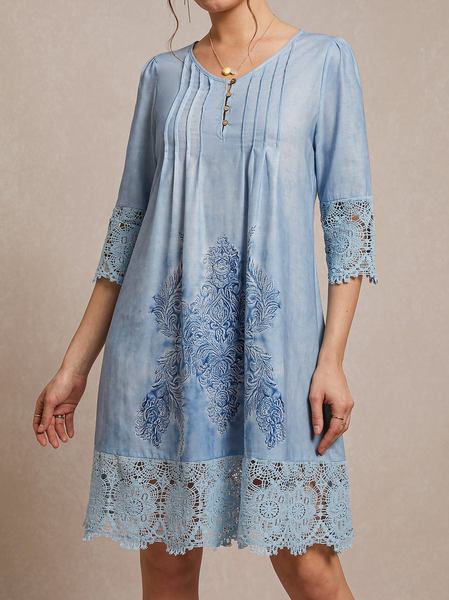 

V Neck Casual Jersey Lace Edge Dress, Blue, Dresses